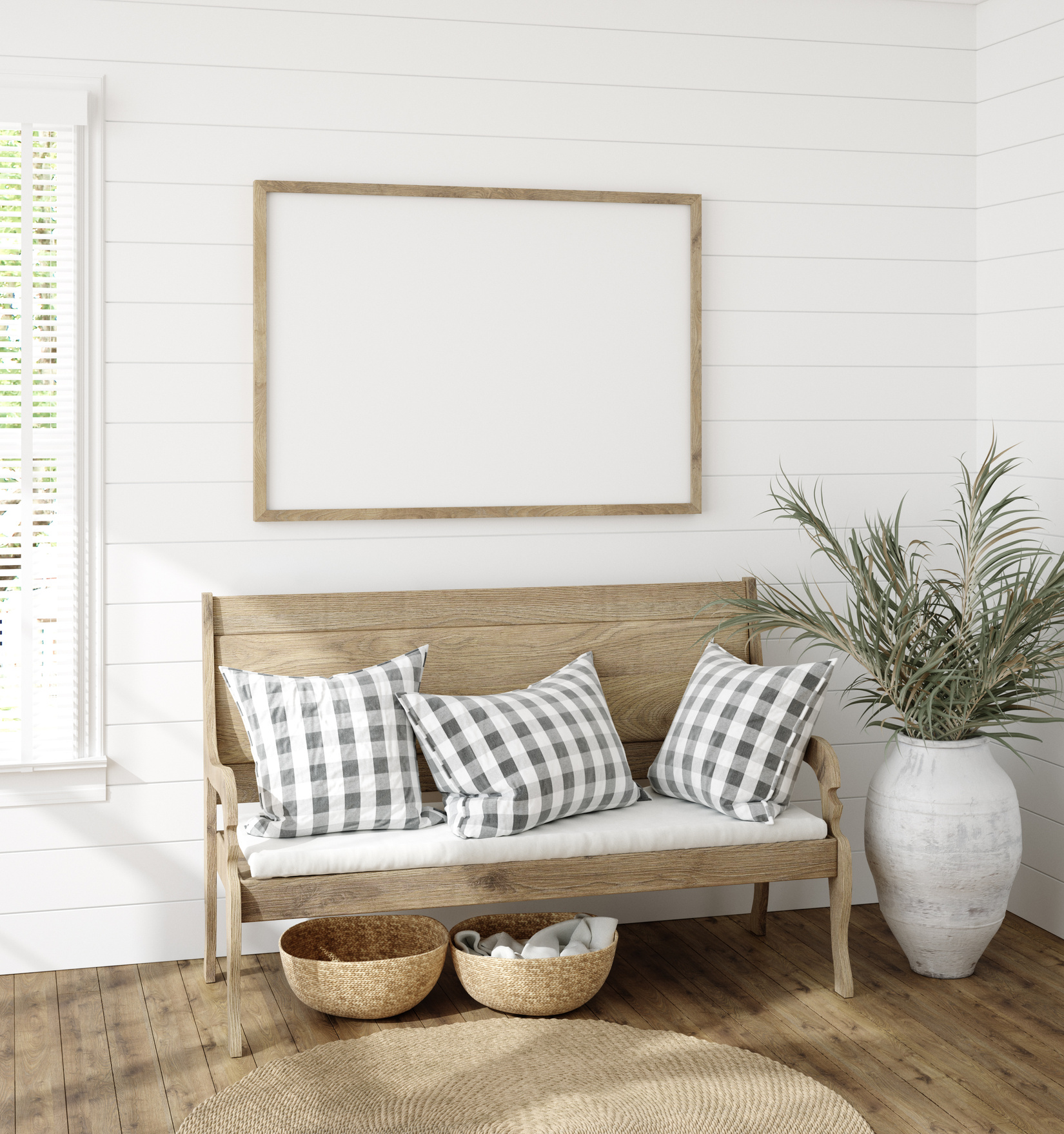 Frame mockup in farmhouse living room interior